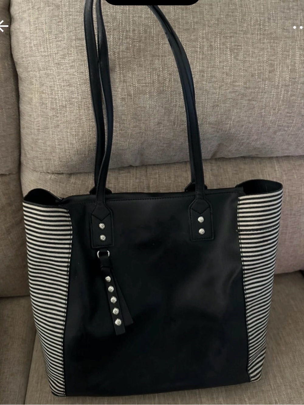 Black Tote Bag with Striped Sides - Stylish Everyday Carry